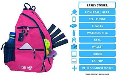 McEtt Pickleball Sling Bag & Mesh Ball Bag – Adjustable Crossbody Backpack for Women Men – Holds Pickleballs, Paddles, Water Bottle, Gear - color: Pink