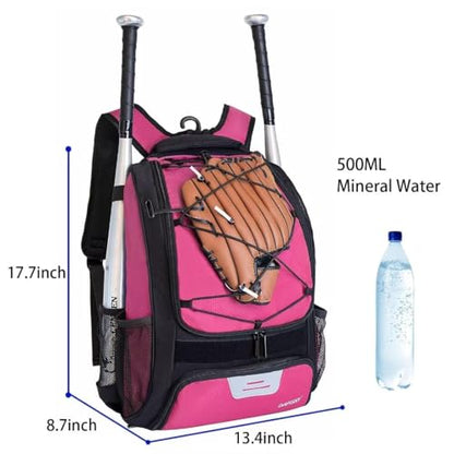 DAFISKY Baseball Bag Softball Backpack - Youth Adult T Ball Bat Equipment Bag with Bat Helmet Holders, Shoe Compartment - color: Pink