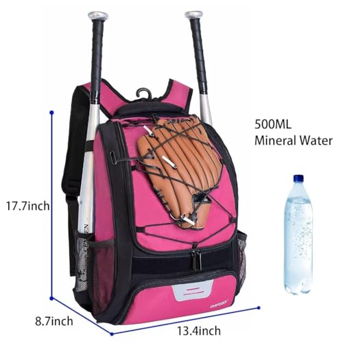 DAFISKY Baseball Bag Softball Backpack - Youth Adult T Ball Bat Equipment Bag with Bat Helmet Holders, Shoe Compartment - color: Pink