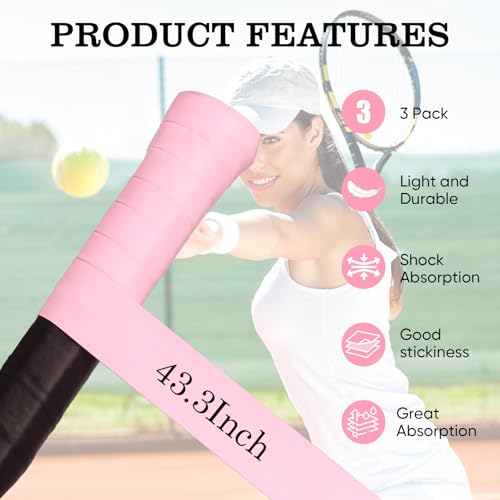 Tennis Racket Grip Tape, Ultra Thin Tacky Tennis Overgrip for Sweat Absorption & Control – Durable Anti-Slip Replacement Grip for Tennis, Badminton & Pickleball (3 Pack) - color: PINK