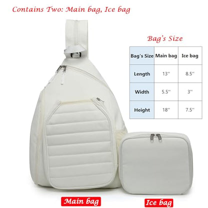 Sling Bag Crossbody Backpack for Pickleball Paddle Tennis Racketball Travel for Men and Women, with Ice Bag 2PS - color: White