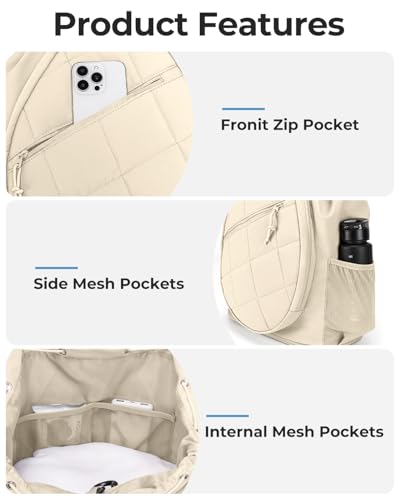 Drawstring Tennis Backpack, Puffer Tennis Racket Bag with Shoe Compartment & Wet Pocket Gym Bag for Women, Suitable for Pickleball Tennis Badminton - color: Beige