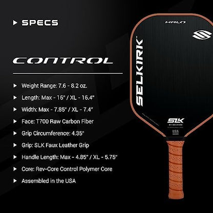 Selkirk Sport SLK Halo Raw Carbon Fiber Pickleball Paddle | Power, Pro and Control Pickleball Paddles | T700, 18K Ultraweave, Aramid Fiber LinkWeave | Designed & Controlled in USA - color: Control | Black | 2024, size: Max (All - Around Paddle)