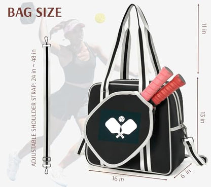 Pickleball Sports Tote Bag with Racket Holder, Neoprene, Adjustable Shoulder Strap - color: Black/White