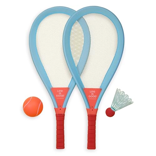 Life Is Good Jumbo Badminton Set for Ages 6+ (Aqua Blue/Canyon Orange), Oversized Paddles Lawn Game for Outdoor Sports, 2-Player Badminton Paddle Kit for Backyard, Beach, and Family Fun - color: Aqua Blue/Canyon Orange