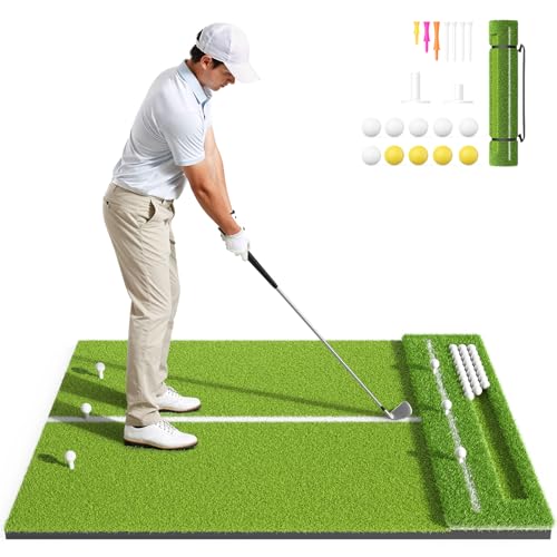 Dual-Turf Golf Hitting Mat 4x6ft, 31mm Thickened Mat with 10 Balls, 2 Rubber Tees & 7 Tees, Heavy-Duty Golf Mats Practice Indoor/Outdoor Use, Garage Backyard, Golf Simulator Training - size: 5 x 4 ft -31 mm