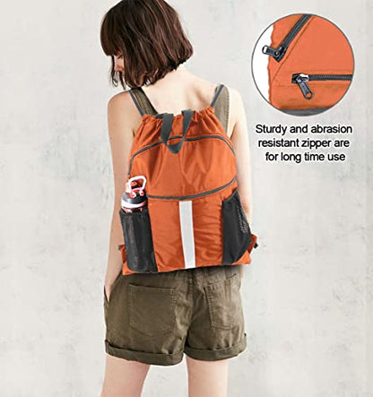 BeeGreen Drawstring Backpack Bag with Shoe Compartment, X-Large Black Gym Sports String Cinch Backpack - color: Orange