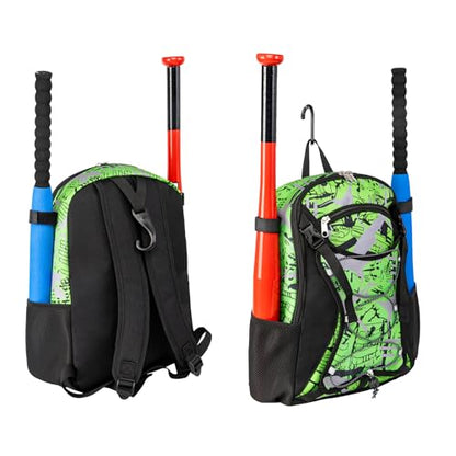 Youth Baseball Bat Bag Backpack, T-Ball & Softball Equipment Gear for Youth with Fence Hook, Lightweight Baseball Bat Backpack, Large Main Compartment for Helmet - color: Green