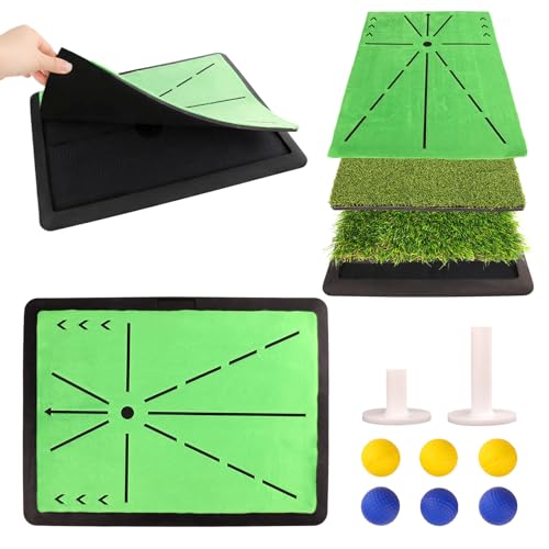 3 in 1 Golf Hitting Mats Training Equipment, Golf Practice Mat with Instant Swing Path Feedback, No-Slip Heavy Duty Rubber Base with 3 Replaceable Golf Training Mats