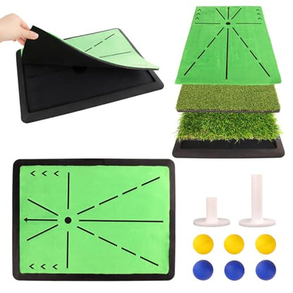3 in 1 Golf Hitting Mats Training Equipment, Golf Practice Mat with Instant Swing Path Feedback, No-Slip Heavy Duty Rubber Base with 3 Replaceable Golf Training Mats