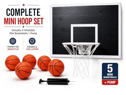 CALIKIWIPROS Mini Basketball Hoop Set Pro League Decorative Solid Wood Wall Mount, Includes 9’ Hoop & 5 mini Basketballs, Classic Look with Colors Matching Some pro Teams. - style: Black White