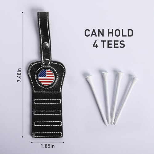 VEASAERS Golf Tee Holder with USA Ball Marker 4 Pcs White Wood Tees, Portable Hold Different Tee Leather Gift Hook Hanging Clip to Golf Bag Belt - color: Black