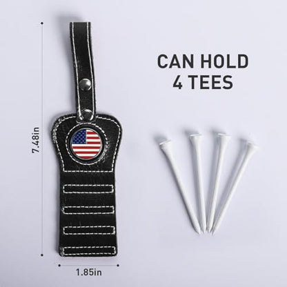 VEASAERS Golf Tee Holder with USA Ball Marker 4 Pcs White Wood Tees, Portable Hold Different Tee Leather Gift Hook Hanging Clip to Golf Bag Belt - color: Black