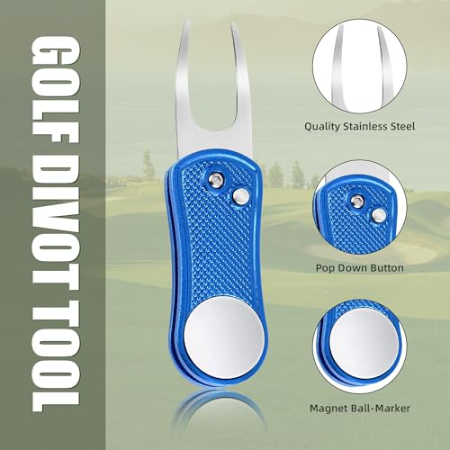 Mile High Life Golf Divot Repair Tool, All Metal Foldable Divot Tool with Pop-up Button & Magnetic Ball Marker - color: Blue Undulate