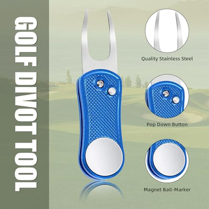 Mile High Life Golf Divot Repair Tool, All Metal Foldable Divot Tool with Pop-up Button & Magnetic Ball Marker - color: Blue Undulate