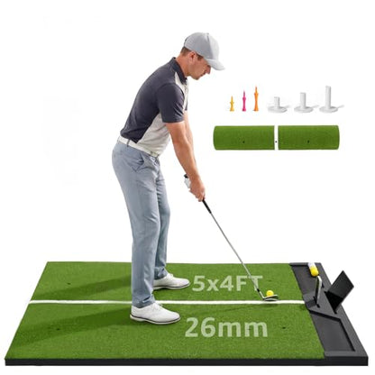 Large Golf Hitting Mat 5x4ft Indoor Outdoor Backyard, Thick Golf Practice Mat with Phone Slot & Ball Tray, Heavy Duty Artificial Turf Driving Range Golf Simulator Mat with Alignment Line - color: 5x4ft26mm