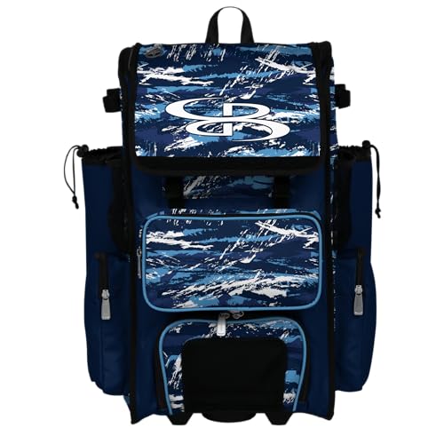 Boombah Rolling Superpack Baseball/Softball Gear Bag - Telescopic Handle - Holds 4 Bats - Wheeled Version - Razor Multiple Colors - color: Navy/Columbia Blue/White