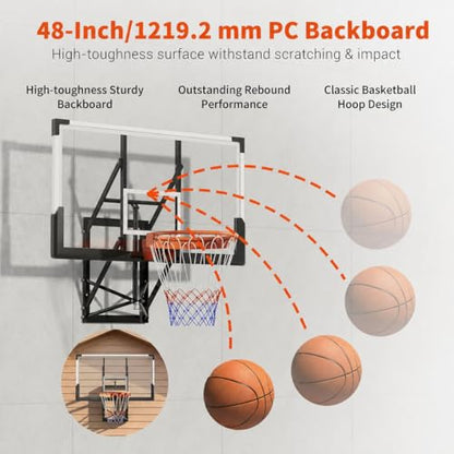 48 Inch Wall Mounted Basketball Hoop, Shatterproof Backboard with Rim, Adjustable Height Hand Crank Goal, Indoor & Outdoor with Adjustable Height, Classic Basketball Court, Teens, Adults, Schools, Pa