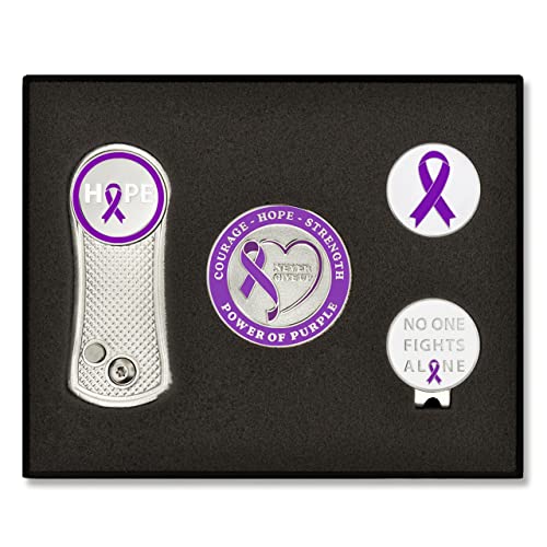 PinMart's Golf Essentials Gift Set - Golf Divot Tool, Hat Clip, Magnetic Ball Markers, Large Ball Marker with Presentation Box - Gifts and Accessories for Men and Women - color: Purple Awareness Ribbon