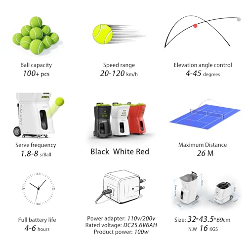 Tennis Ball Machine PT-Smart, 100+ Ball Capacity,Remote-Controlled/APP, Adjustable Speed & 12 Fixed Modes, Portable Training Equipment for Enthusiasts, Pros & Beginners - color: White