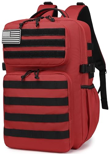 Wotony Military Tactical Backpack for Men Waterproof Daypack 3 Day Assault Pack Molle Bag with Water Bottle Holder - color: Red, size: 30L