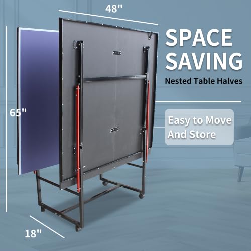 Folding Rolling Table Tennis Table Regulation Ping Pong Table with 2 Paddles 2 Balls 1 Net and Post Set Fold-Up Design 4 Wheels for Easy Movement, Blue (8 FT)