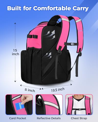 MATEIN PRO Softball Bat Backpack for 4 Bats with Transparent Front Pocket & Folding Board, Large Capacity Bat Bag with Foldable Shoe Compartment for Cleats, Baseball Equipment Bag for Girls & Women - color: Pink