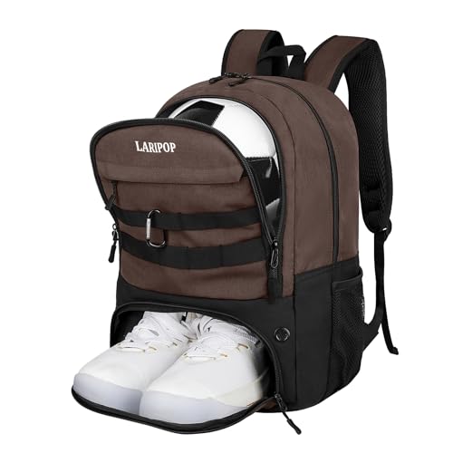 LARIPOP Soccer Backpack with Ball Holder & Shoe Compartment Large Capacity Youth Sports Bag for Training - color: Brown