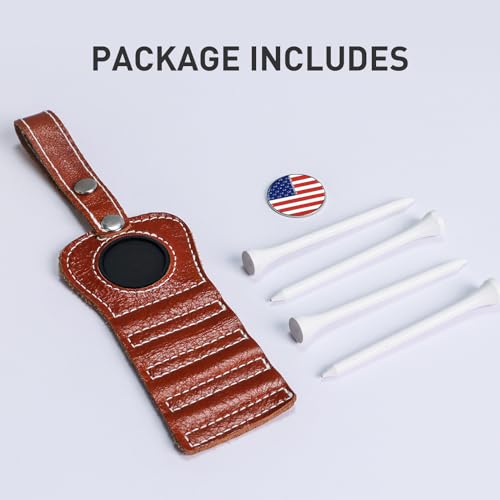 VEASAERS Golf Tee Holder with USA Ball Marker 4 Pcs White Wood Tees, Portable Hold Different Tee Leather Gift Hook Hanging Clip to Golf Bag Belt - color: Brown