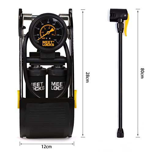 Double Cylinder Barrel Bike Foot Pump,160PSI Aluminum Body Floor Air Pump with Precisional Accurate Pressure Gauge Smart Valve Head for Presta Schrader & Deutschland Valve Bicycle Tire Pumps