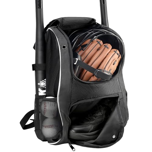 Youth Baseball Bag, Lightweight Softball Bag with Shoes Compartment, Baseball Backpack with Fence Hook for TBall Bat & Equipment - color: Black