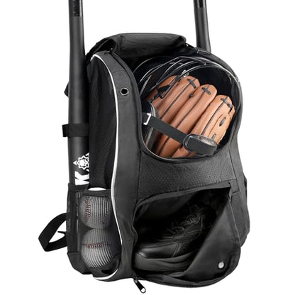 Youth Baseball Bag, Lightweight Softball Bag with Shoes Compartment, Baseball Backpack with Fence Hook for TBall Bat & Equipment - color: Black