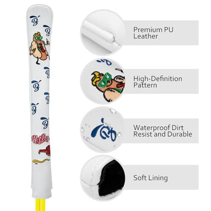 Golf Alignment Stick Cover Hot Dog Design Premium Leather Golf Cover for Alignment Stick Holds 2 Sticks, White