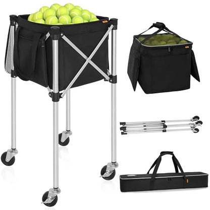 Foldable Tennis Ball Cart Holds 180 Balls Wheeled Tennis Ball Hopper Sports Teaching Carts with Storage Bag, Light Auminum Alloy
