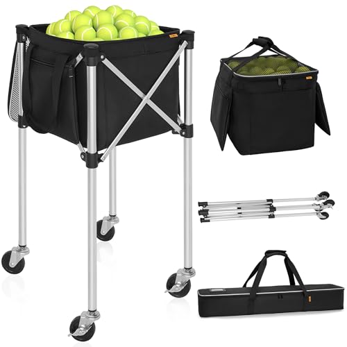 Foldable Tennis Ball Cart Holds 180 Balls Wheeled Tennis Ball Hopper Sports Teaching Carts with Storage Bag, Light Auminum Alloy