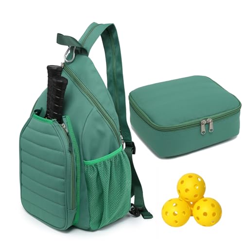 Sling Bag Crossbody Backpack for Pickleball Paddle Tennis Racketball Travel for Men and Women, with Ice Bag 2PS - color: Green