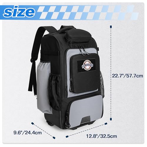 GOBUROS Rolling Baseball Backpack with Wheels, Softball Catchers Equipment Bag Holds 4 Bats, Roller Baseball Backpack with Shoe Compartment and Multiple Pockets for Baseball Gear with Fence Hooks