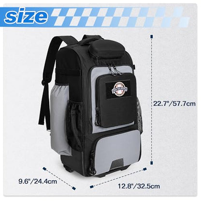 GOBUROS Rolling Baseball Backpack with Wheels, Softball Catchers Equipment Bag Holds 4 Bats, Roller Baseball Backpack with Shoe Compartment and Multiple Pockets for Baseball Gear with Fence Hooks