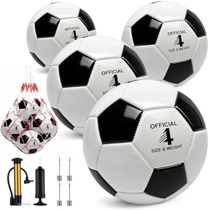4 Pack Soccer Balls Size 5/4/3 Bulk with Pump, Carry Net, Needles - Pelota De Futbol Official Size Training Practice & Match Ball - Ideal Soccer & Birthday Gift - color: Black-White, size: Size 4