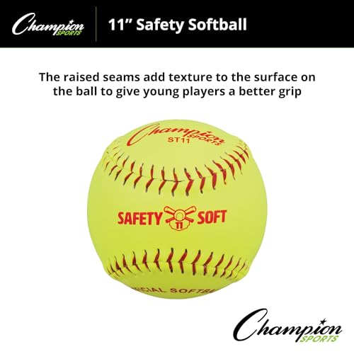 Champion Sports Safety Softballs – Pack of 12 Balls - Soft Rubber Core - Synthetic Leather - Optic Yellow in 11" & 12" Sizes - size: 11"