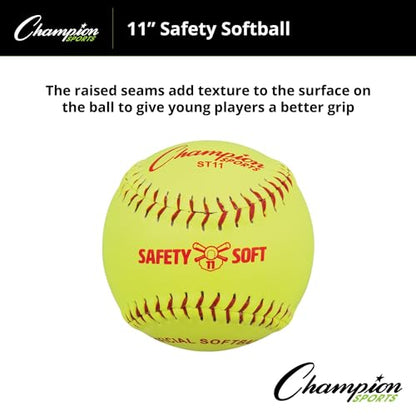 Champion Sports Safety Softballs – Pack of 12 Balls - Soft Rubber Core - Synthetic Leather - Optic Yellow in 11" & 12" Sizes - size: 11"