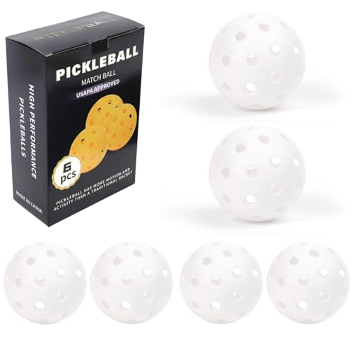 6-Pack Pickleball Balls 40 Holes Outdoor Indoor High Rebounce True Flight High Visibility Durable Eye-catching White Pickle Balls Set Sport Gifts for Women Men