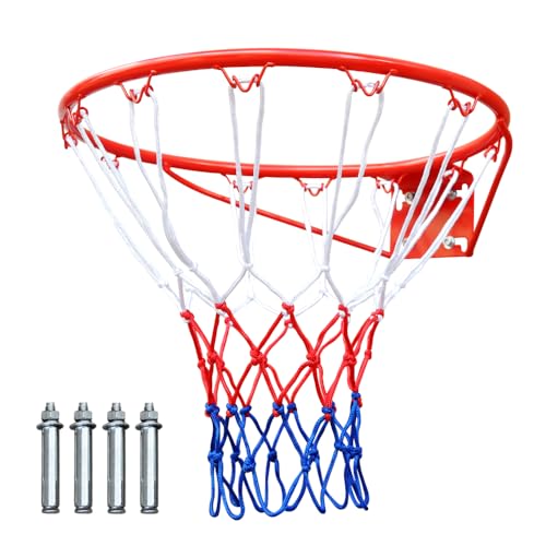 Basketball Rim Replacement Standard 18" Steel Rim Wall Mounted Basketball Goal Hoop with Net for Indoor Outdoor - color: Red