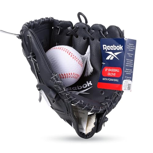 Reebok - Youth Baseball Glove Set, 9-Inch Kids Sports Glove with Foam Ball, Training Mitt for Beginners, Practice & Backyard Play - color: Black