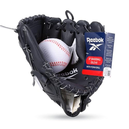 Reebok - Youth Baseball Glove Set, 9-Inch Kids Sports Glove with Foam Ball, Training Mitt for Beginners, Practice & Backyard Play - color: Black