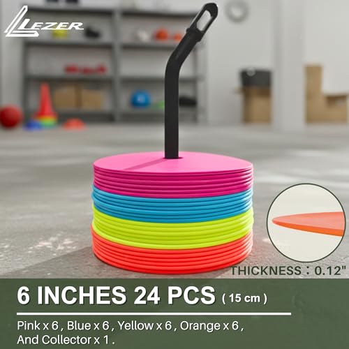 LEZER 6 Inch 8 Inch Flat Cones, Spot Markers, Soccer Cones, Field Court Markers, Sit Spots, Flat Discs, Soccer Training Equipment, Agility Practice, Football, Made in Taiwan - style: 6 inch with 24 pcs