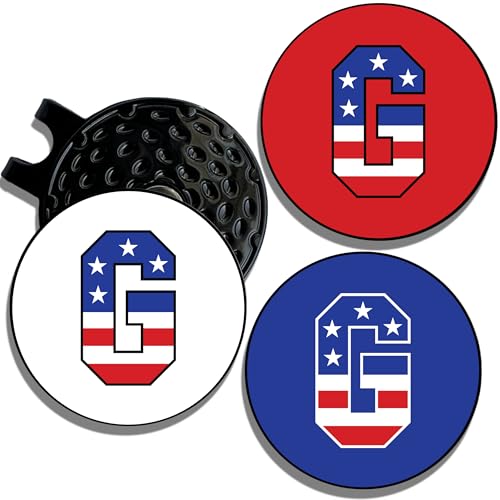 Wolf Golf Towels Golf Ball Marker Hat Clip | USA Monogram | 1 Magnetic Clip + 3 Ball Markers | Patriotic Golf Accessories for Men & Women - color: G - Red White & Blue