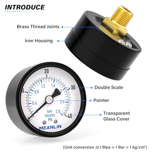 0-40Psi 2" DIAL FACE 1/4" NPT Well Pump Pressure Gauge, with 1/2" NPT and 3/8" NPT Hex Bushing, 3-2-3% Accuracy, Center Back Mount - size: 0-40Psi, style: 1/4"NPT Back Mount
