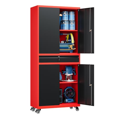 Yizosh Metal Garage Storage Cabinet with Locking Doors and Adjustable Shelves,- 73" Rolling Tool Storage Cabinet with 4 Wheels and 1 Drawer for Garage,Warehouse (Red Black) - color: Red Black, size: 4 Wheel - 1 Drawer - 73"H