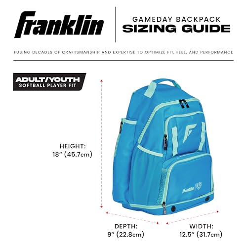 Franklin Sports USA SB Gameday Fastpitch-Softball Backpack – Adult +Youth Softball + Baseball Equipment + Bat Bag – Stores Batting Gloves, Helmet, Cleats - Waterproof Premium Batpack - color: Blue/Mint